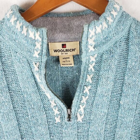 Woolrich Sweater Women L Petite Wool Blend Cross Stitch Knit Ribbed Aqua - Picture 2 of 6